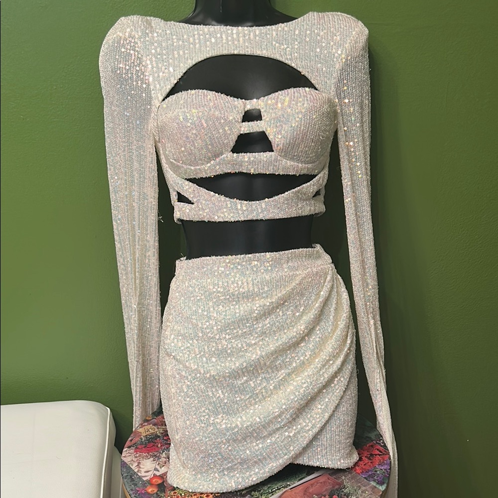 Fashion Nova Cream Embellished Wrap Mini Skirt & top with long sleeve with slits - Picture 4 of 10